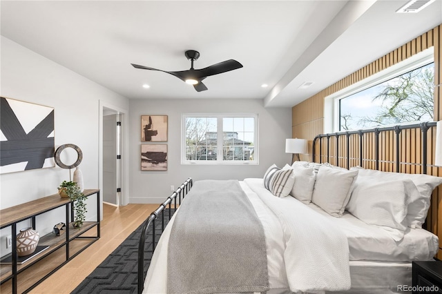2520 S Cherokee St, Denver, CO 80223 - bedroom with visible vents, recessed lighting, ceiling fan, baseboards, and light wood-style floors