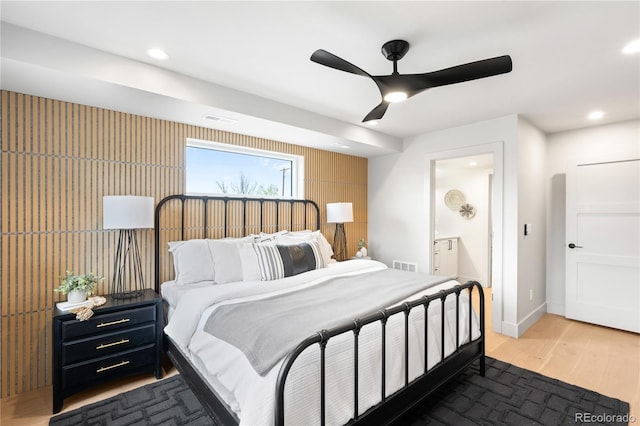 2520 S Cherokee St, Denver, CO 80223 - bedroom featuring a ceiling fan, recessed lighting, visible vents, and dark wood-type flooring