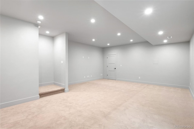 2520 S Cherokee St, Denver, CO 80223 - below grade area with baseboards, visible vents, recessed lighting, and light colored carpet