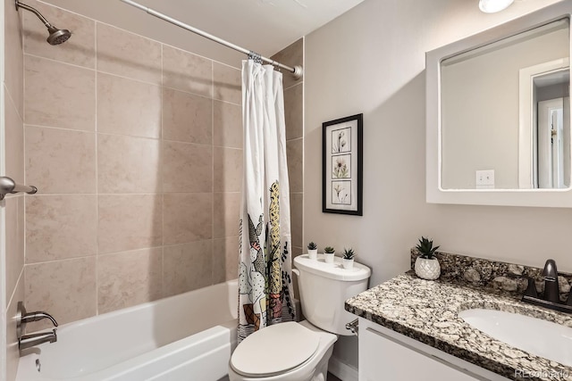 full bathroom featuring vanity, toilet, and shower / bathtub combination with curtain