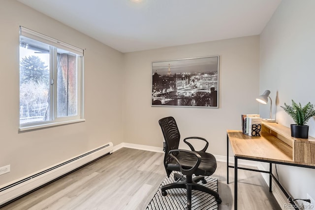 office space featuring a baseboard radiator and light wood-type flooring