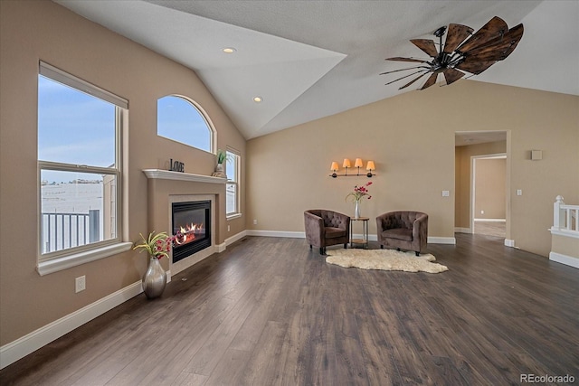 living area with lofted ceiling, dark hardwood / wood-style flooring, and ceiling fan