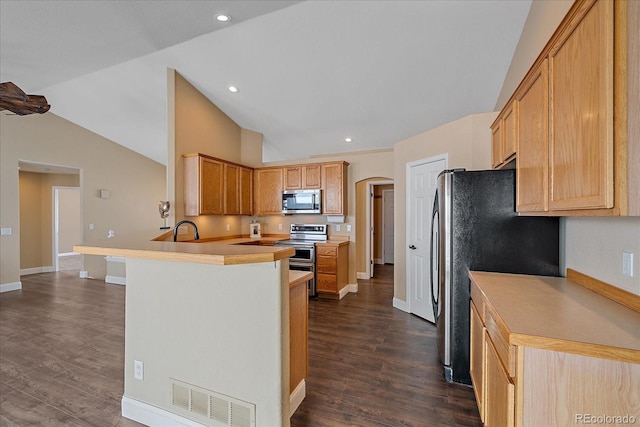 kitchen featuring appliances with stainless steel finishes, dark wood-type flooring, a kitchen breakfast bar, and kitchen peninsula