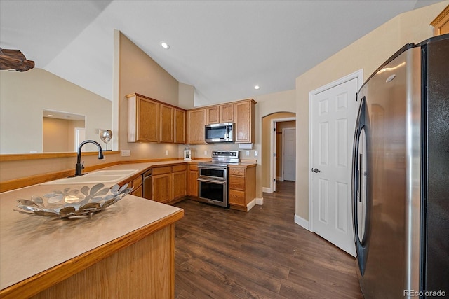 kitchen featuring vaulted ceiling, appliances with stainless steel finishes, dark hardwood / wood-style floors, sink, and kitchen peninsula