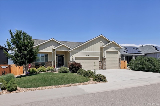 3125 Brunner Blvd, Johnstown, CO 80534 - craftsman house featuring a garage, board and batten siding, driveway, stone siding, and roof with shingles
