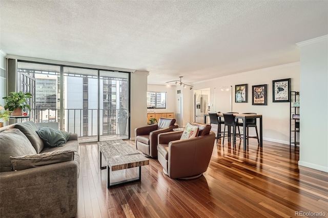 living room featuring crown molding, a textured ceiling, dark hardwood / wood-style floors, and expansive windows