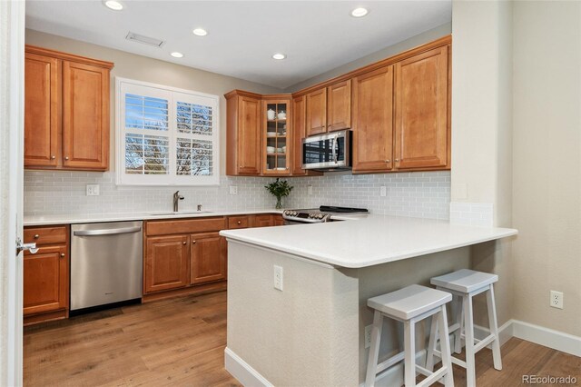 10618 Clearview Ln, Highlands Ranch, CO 80126 - kitchen with appliances with stainless steel finishes, a sink, a breakfast bar area, light wood finished floors, and a peninsula