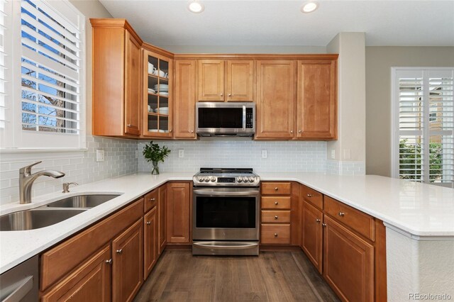 10618 Clearview Ln, Highlands Ranch, CO 80126 - kitchen featuring appliances with stainless steel finishes, a sink, dark wood-style flooring, light countertops, and a peninsula
