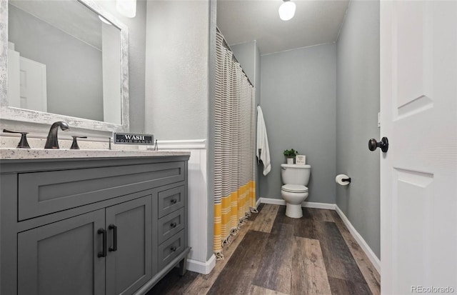 bathroom with vanity, hardwood / wood-style flooring, and toilet