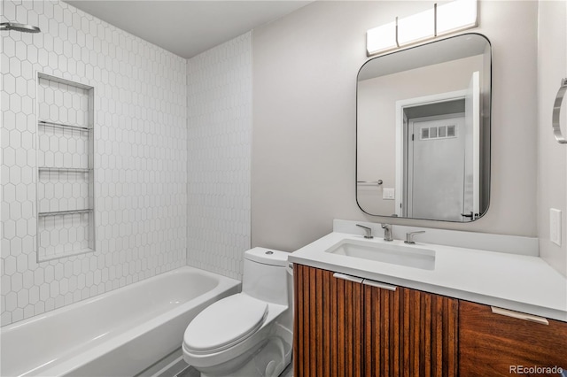 full bath with vanity, shower / bathtub combination, toilet, and visible vents