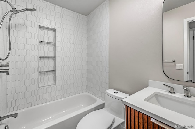 full bath with toilet, bathing tub / shower combination, and vanity