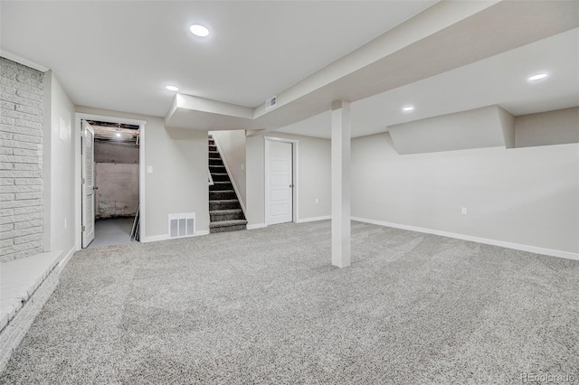 1216 Norwood Ave, Colorado Springs, CO 80905 - finished basement with stairs, carpet floors, and recessed lighting