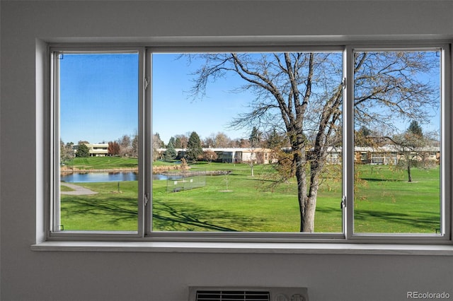 interior details featuring a water view