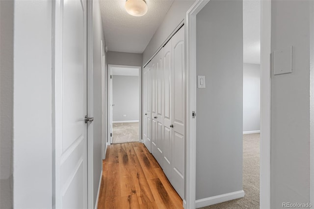 hallway with light carpet and a textured ceiling