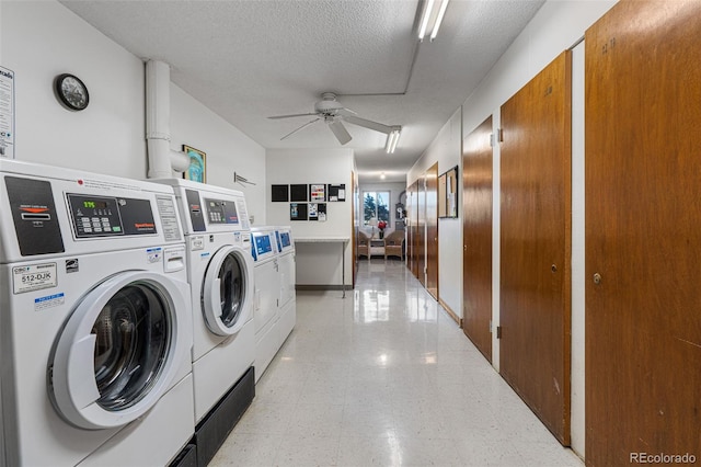 washroom featuring ceiling fan, independent washer and dryer, and a textured ceiling