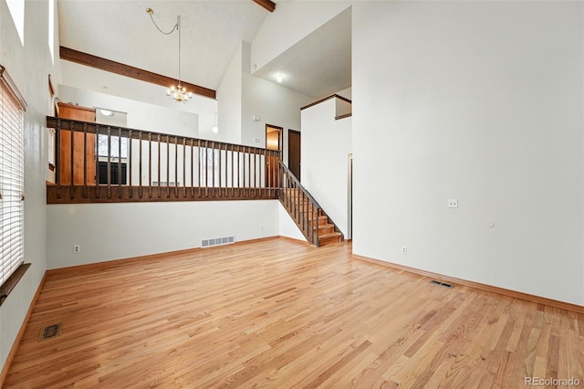 10102 W Ida Ave Unit 214, Littleton, CO 80127 - unfurnished room featuring a chandelier, wood finished floors, high vaulted ceiling, beamed ceiling, and baseboards