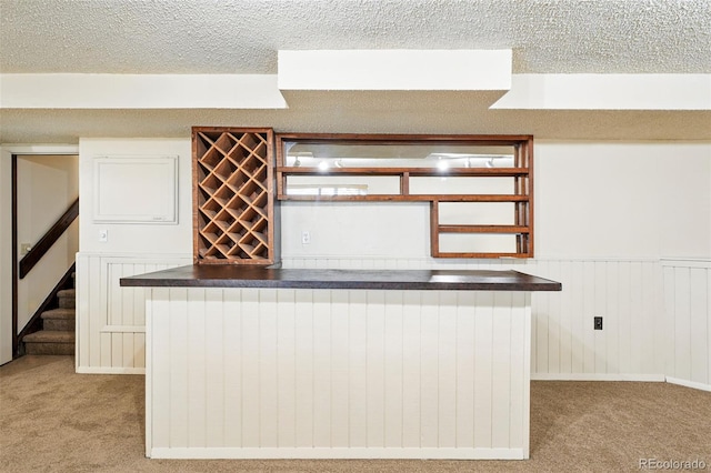 10102 W Ida Ave Unit 214, Littleton, CO 80127 - kitchen with light carpet, dark countertops, a textured ceiling, and wainscoting