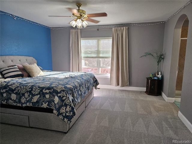 bedroom with light colored carpet and ceiling fan