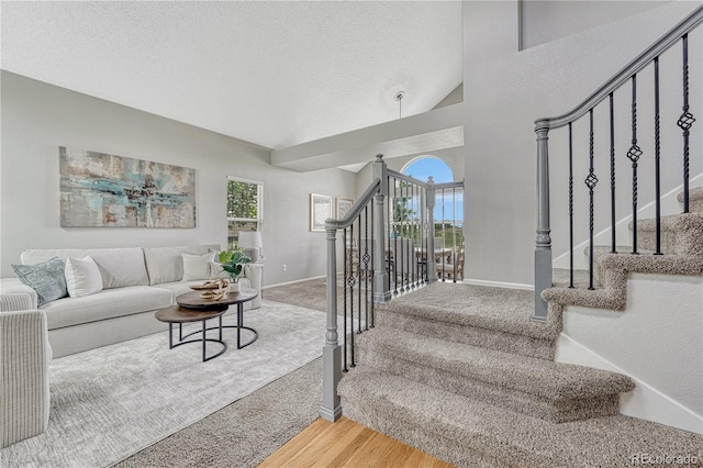 901 Sage Sparrow Cir, Highlands Ranch, CO 80129 - stairway featuring plenty of natural light, wood finished floors, baseboards, vaulted ceiling, and a textured ceiling