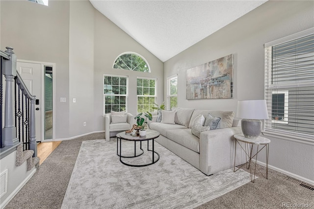901 Sage Sparrow Cir, Highlands Ranch, CO 80129 - living room featuring carpet, stairway, high vaulted ceiling, baseboards, and a textured ceiling
