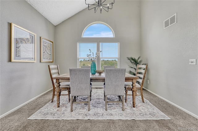 901 Sage Sparrow Cir, Highlands Ranch, CO 80129 - dining area featuring a chandelier, carpet, high vaulted ceiling, baseboards, and a textured wall