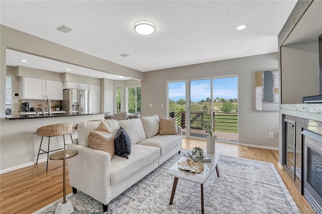 901 Sage Sparrow Cir, Highlands Ranch, CO 80129 - living area with light wood finished floors, a glass covered fireplace, baseboards, and recessed lighting
