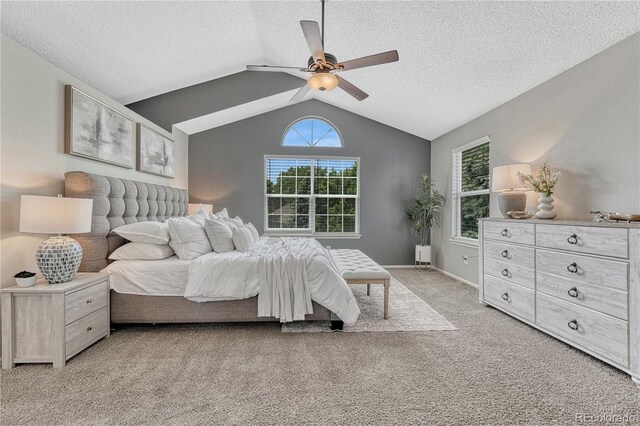 901 Sage Sparrow Cir, Highlands Ranch, CO 80129 - bedroom with light colored carpet, vaulted ceiling, a textured ceiling, and ceiling fan
