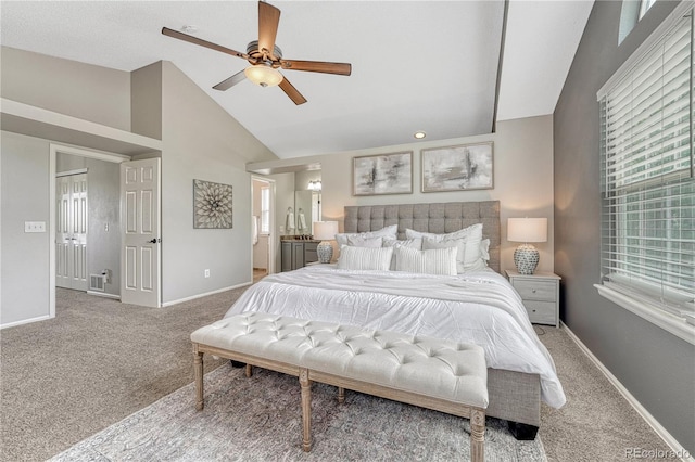 901 Sage Sparrow Cir, Highlands Ranch, CO 80129 - bedroom with carpet flooring, baseboards, high vaulted ceiling, ensuite bathroom, and a ceiling fan