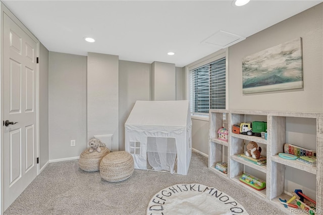 901 Sage Sparrow Cir, Highlands Ranch, CO 80129 - playroom featuring carpet flooring, attic access, baseboards, and recessed lighting