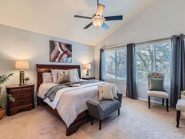 bedroom with a ceiling fan, light carpet, high vaulted ceiling, and baseboards