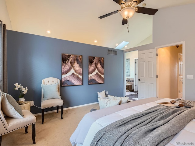 carpeted bedroom featuring lofted ceiling, baseboards, visible vents, and ceiling fan