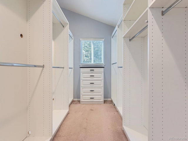 spacious closet featuring lofted ceiling and light colored carpet