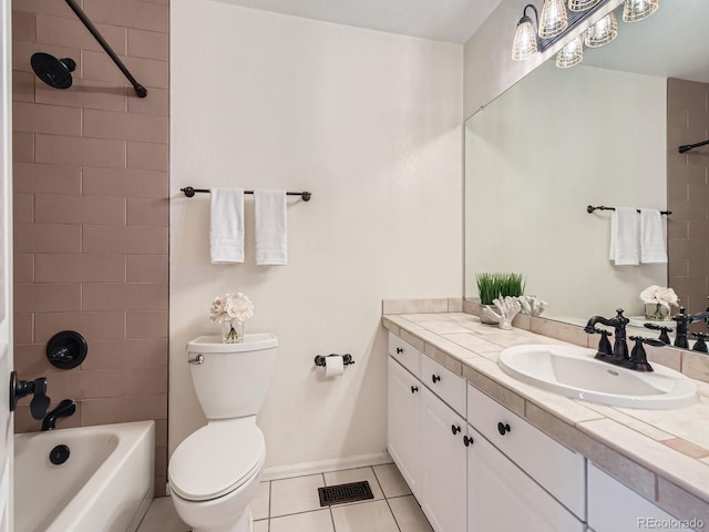 full bathroom featuring toilet, shower / bath combination, visible vents, vanity, and tile patterned floors