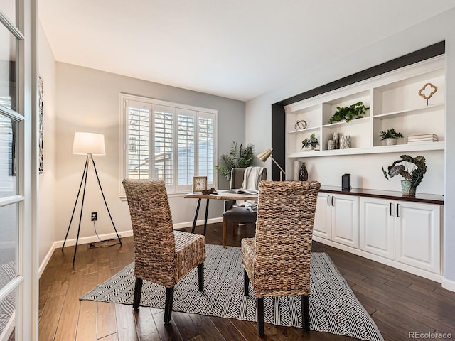 dining room with dark wood-type flooring and baseboards