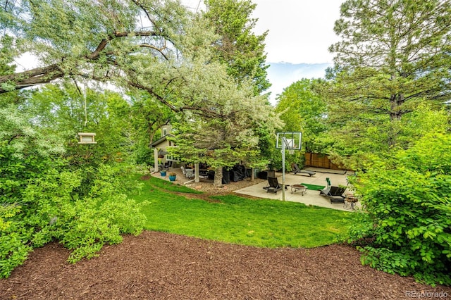 view of yard with fence and a patio