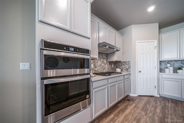 17028 Osage St, Broomfield, CO 80023 - kitchen with appliances with stainless steel finishes, ventilation hood, decorative backsplash, light countertops, and wood finished floors