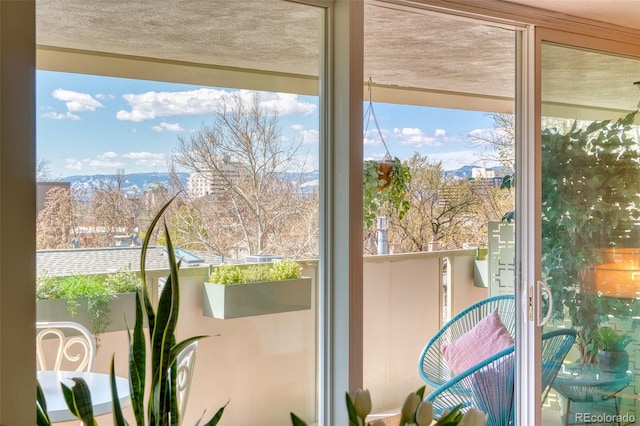 doorway featuring a mountain view and a healthy amount of sunlight