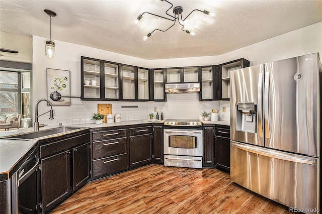 kitchen with stainless steel appliances, sink, hanging light fixtures, backsplash, and hardwood / wood-style flooring