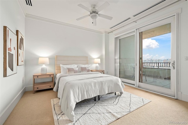 bedroom with light carpet, crown molding, visible vents, and access to exterior