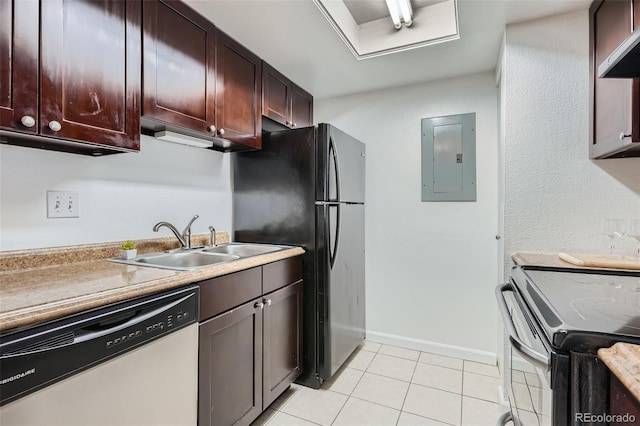 kitchen with light tile patterned floors, stainless steel appliances, light countertops, a sink, and electric panel