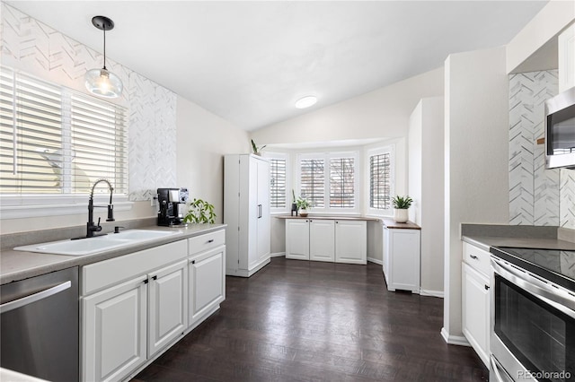 kitchen featuring plenty of natural light, vaulted ceiling, stainless steel appliances, and a sink