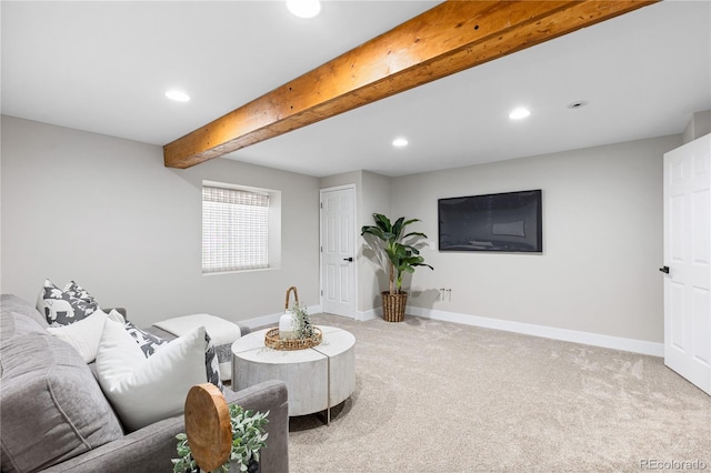 carpeted living room featuring baseboards, beam ceiling, and recessed lighting