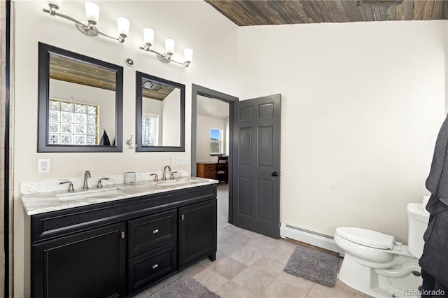 bathroom with a baseboard radiator, vanity, and toilet