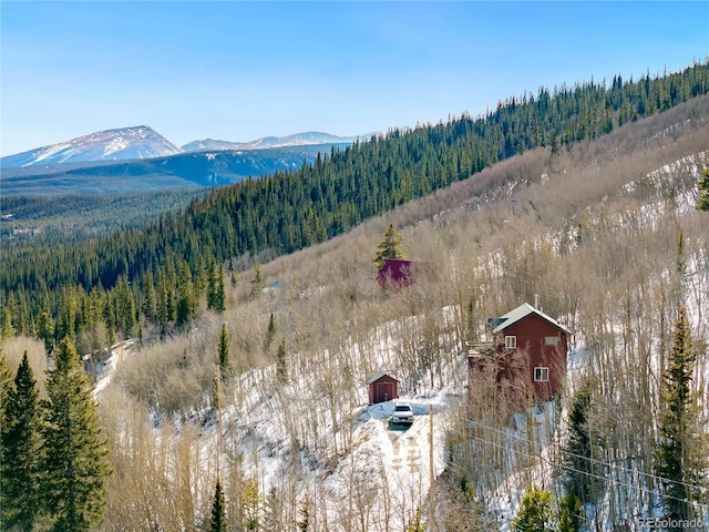 drone / aerial view featuring a mountain view