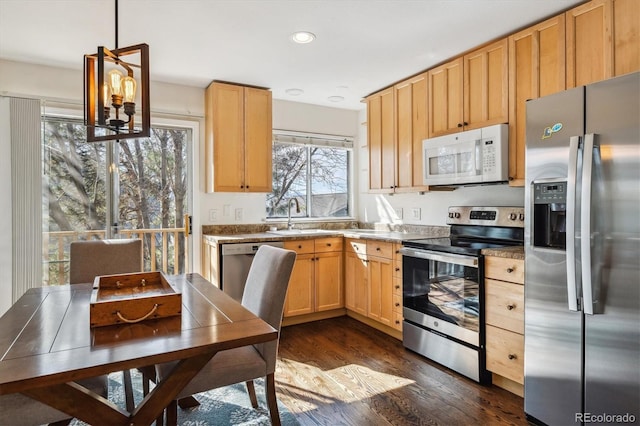 kitchen featuring a sink, dark wood finished floors, light brown cabinets, and stainless steel appliances