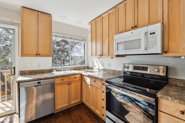 kitchen featuring a sink, stainless steel appliances, a healthy amount of sunlight, and dark wood-style floors