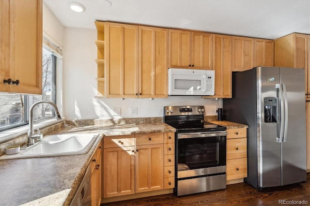 kitchen with dark wood-style floors, open shelves, a sink, light countertops, and appliances with stainless steel finishes