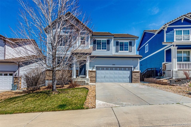 2881 Black Canyon Way, Castle Rock, CO 80109 - traditional-style home featuring a garage, driveway, a front yard, and brick siding