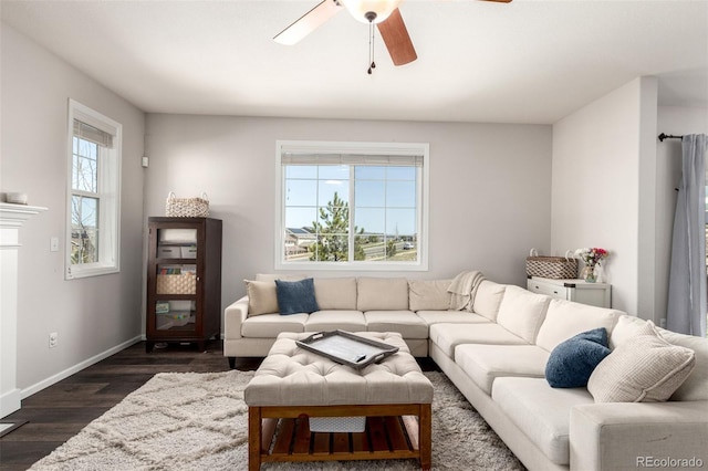 2881 Black Canyon Way, Castle Rock, CO 80109 - living area with baseboards, ceiling fan, and dark wood-style flooring