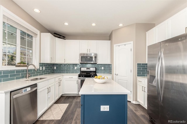 2881 Black Canyon Way, Castle Rock, CO 80109 - kitchen featuring stainless steel appliances, a sink, a kitchen island, tasteful backsplash, and dark wood-style flooring
